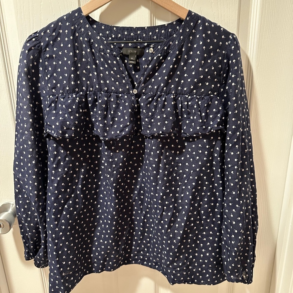 J Crew H6264 Cotton Silk Blend Navy Blue Top Blouse Tiny Cherries - Size Medium